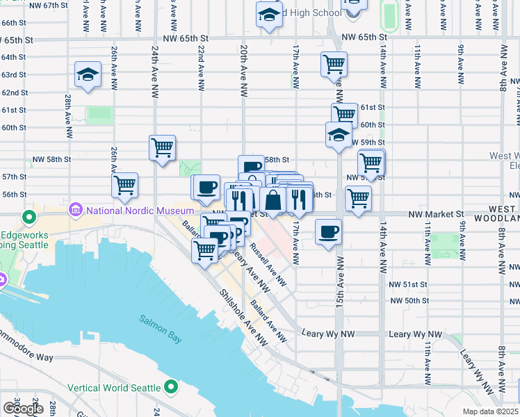 map of restaurants, bars, coffee shops, grocery stores, and more near 1752 Northwest Market Street in Seattle