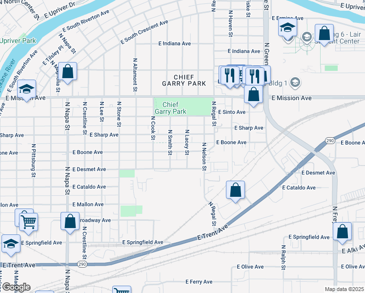 map of restaurants, bars, coffee shops, grocery stores, and more near 2702 East Boone Avenue in Spokane