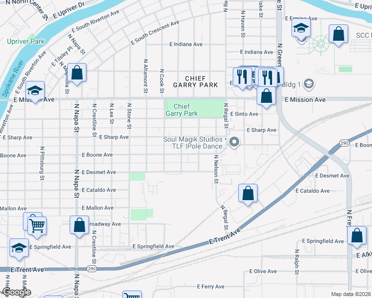 map of restaurants, bars, coffee shops, grocery stores, and more near 2604 East Boone Avenue in Spokane