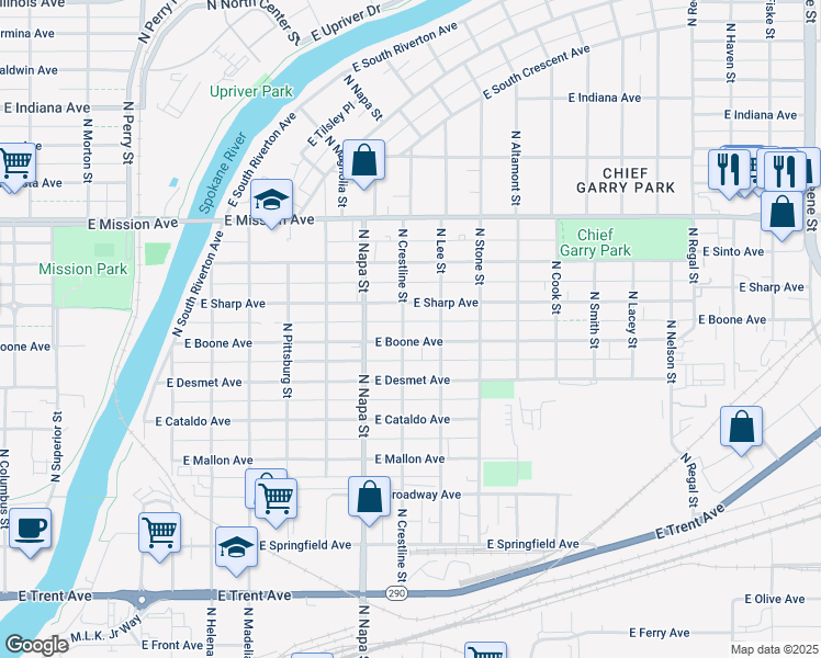 map of restaurants, bars, coffee shops, grocery stores, and more near 2102 East Boone Avenue in Spokane