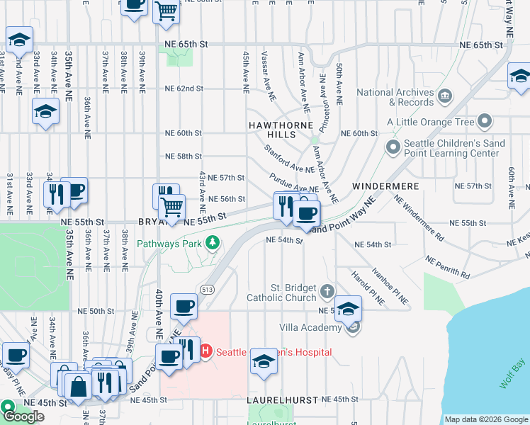 map of restaurants, bars, coffee shops, grocery stores, and more near 4523 Northeast 55th Street in Seattle