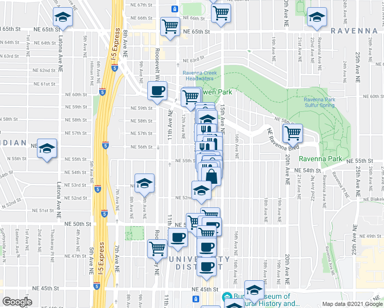 map of restaurants, bars, coffee shops, grocery stores, and more near 5269 Brooklyn Avenue Northeast in Seattle