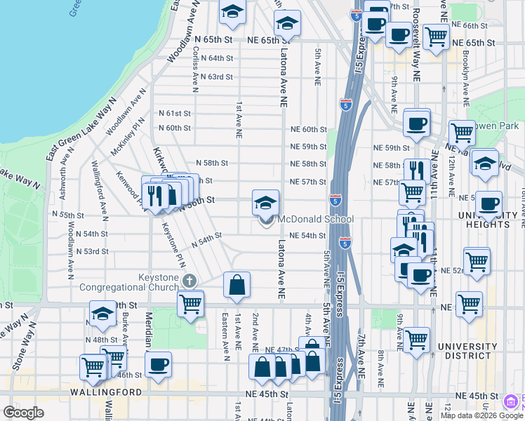 map of restaurants, bars, coffee shops, grocery stores, and more near 144 Northeast 54th Street in Seattle