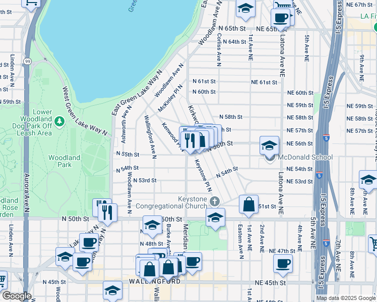 map of restaurants, bars, coffee shops, grocery stores, and more near 5415 Meridian Avenue North in Seattle
