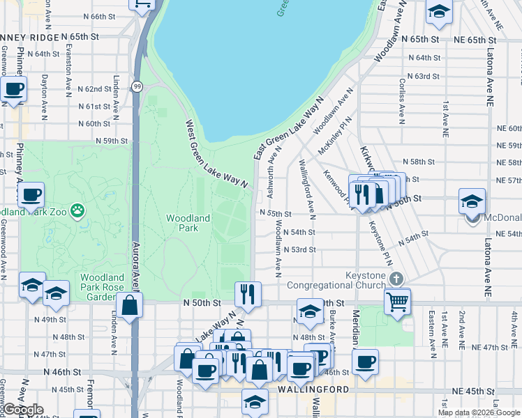 map of restaurants, bars, coffee shops, grocery stores, and more near 5426 Green Lake Way North in Seattle