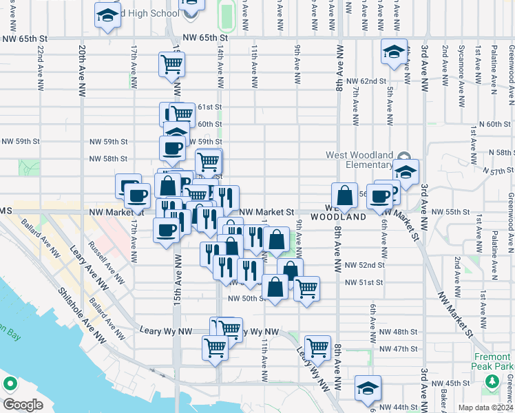 map of restaurants, bars, coffee shops, grocery stores, and more near 1115 Northwest Market Street in Seattle