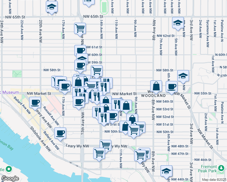 map of restaurants, bars, coffee shops, grocery stores, and more near 1115 Northwest Market Street in Seattle