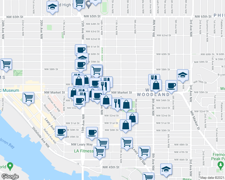 map of restaurants, bars, coffee shops, grocery stores, and more near 1115 Northwest Market Street in Seattle