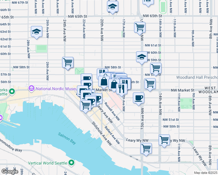 map of restaurants, bars, coffee shops, grocery stores, and more near 1752 Northwest Market Street in Seattle