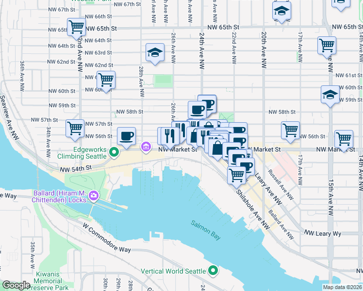 map of restaurants, bars, coffee shops, grocery stores, and more near 2501 Northwest Market Street in Seattle