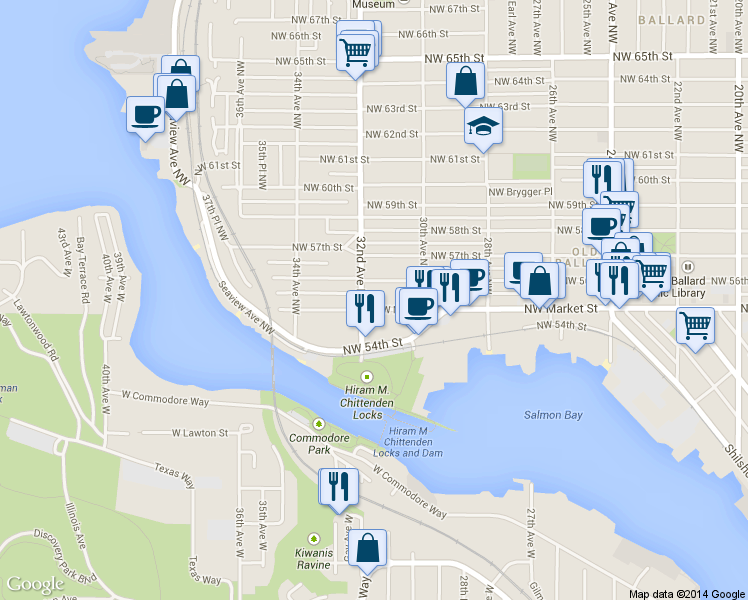 map of restaurants, bars, coffee shops, grocery stores, and more near 5431 32nd Avenue Northwest in Seattle