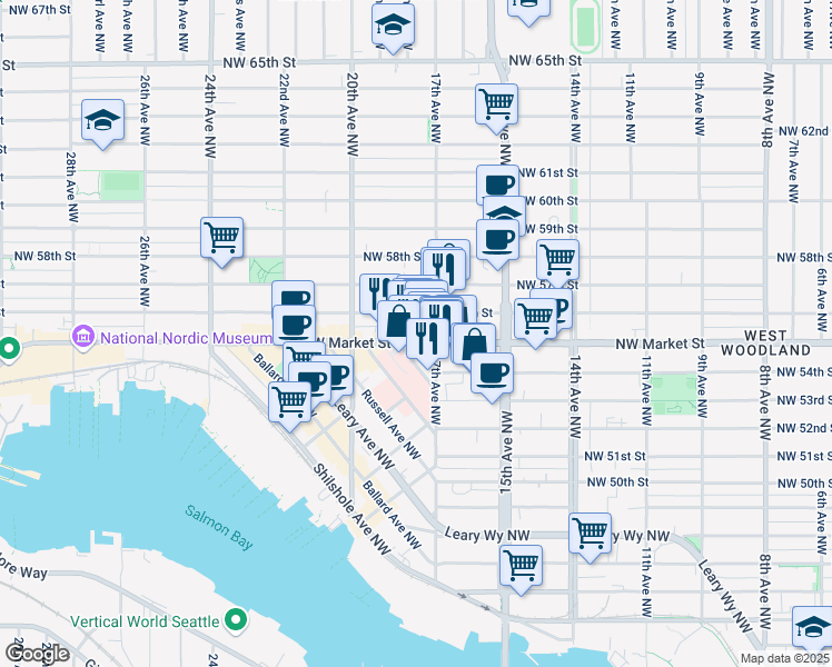 map of restaurants, bars, coffee shops, grocery stores, and more near 1716 Northwest Market Street in Seattle
