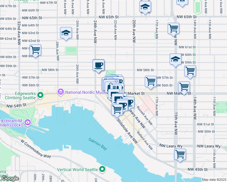 map of restaurants, bars, coffee shops, grocery stores, and more near 2204 Northwest Market Street in Seattle