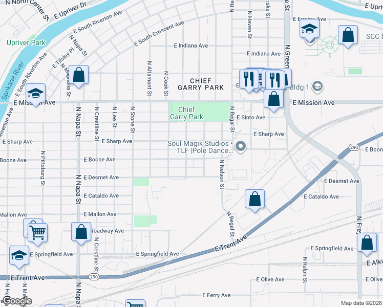 map of restaurants, bars, coffee shops, grocery stores, and more near 2604 East Boone Avenue in Spokane