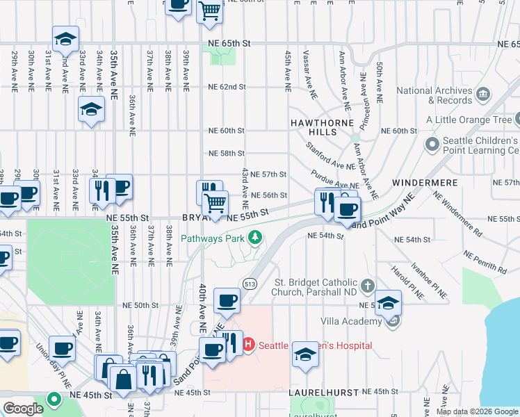 map of restaurants, bars, coffee shops, grocery stores, and more near 4311 Northeast 55th Street in Seattle