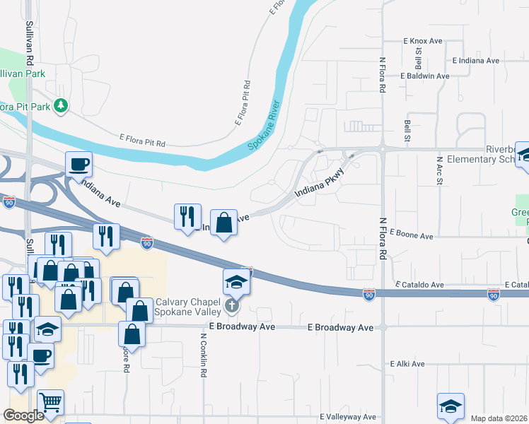 map of restaurants, bars, coffee shops, grocery stores, and more near 16424 East Indiana Avenue in Spokane Valley