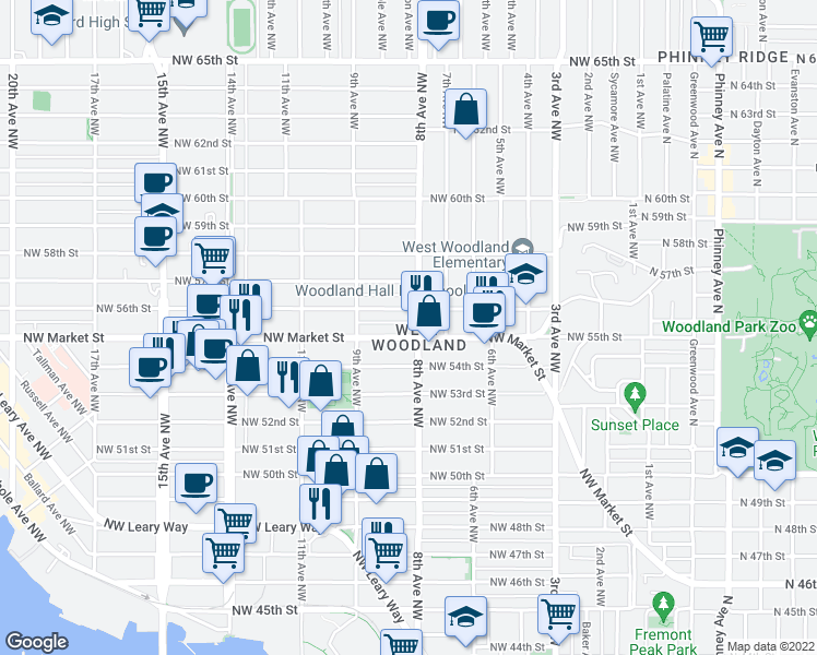map of restaurants, bars, coffee shops, grocery stores, and more near 815 Northwest Market Street in Seattle