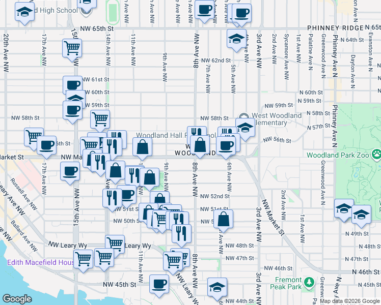 map of restaurants, bars, coffee shops, grocery stores, and more near 815 Northwest Market Street in Seattle