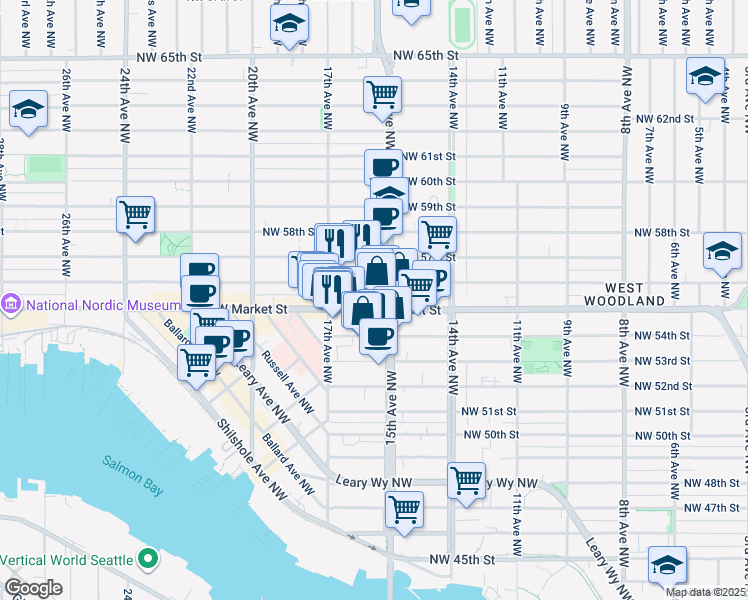 map of restaurants, bars, coffee shops, grocery stores, and more near 1512 Northwest Market Street in Seattle