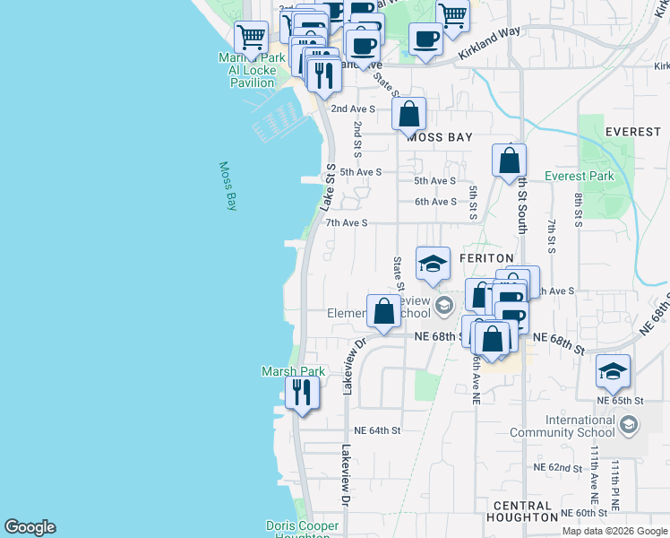 map of restaurants, bars, coffee shops, grocery stores, and more near 917 2nd Street South in Kirkland