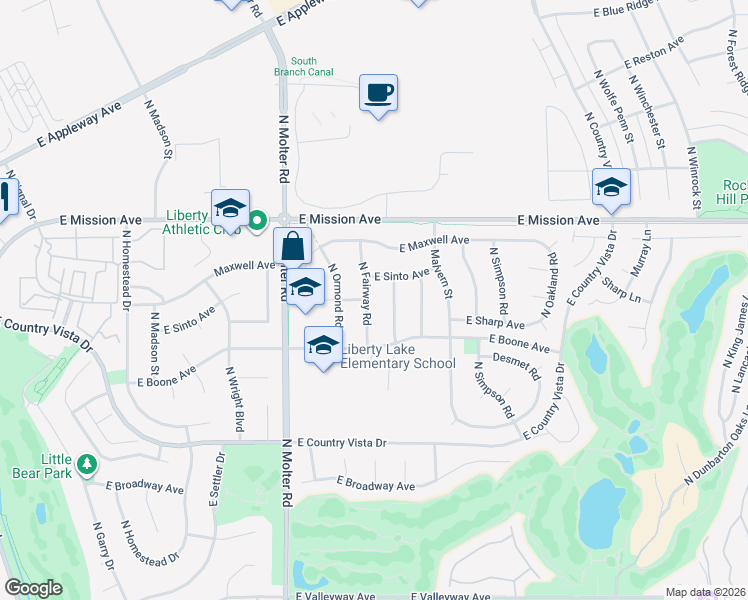 map of restaurants, bars, coffee shops, grocery stores, and more near 1215 North Stevenson Road in Liberty Lake