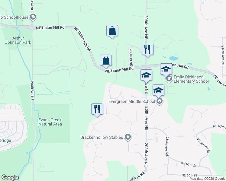 map of restaurants, bars, coffee shops, grocery stores, and more near 7112 204th Drive Northeast in Redmond