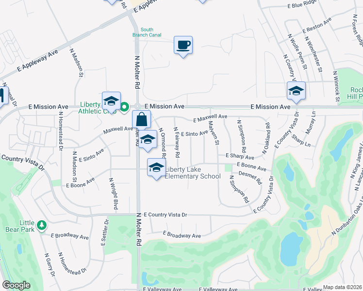 map of restaurants, bars, coffee shops, grocery stores, and more near 1304 N Fairway Rd in Liberty Lake