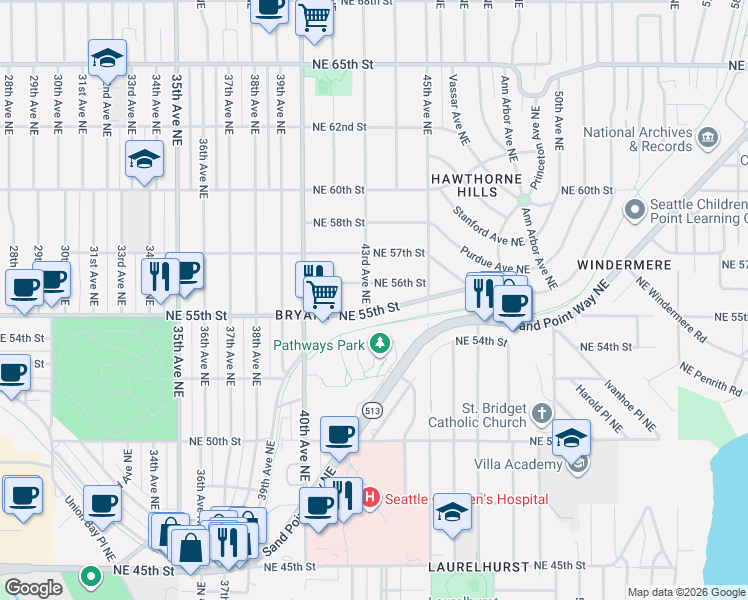 map of restaurants, bars, coffee shops, grocery stores, and more near 4311 Northeast 55th Street in Seattle