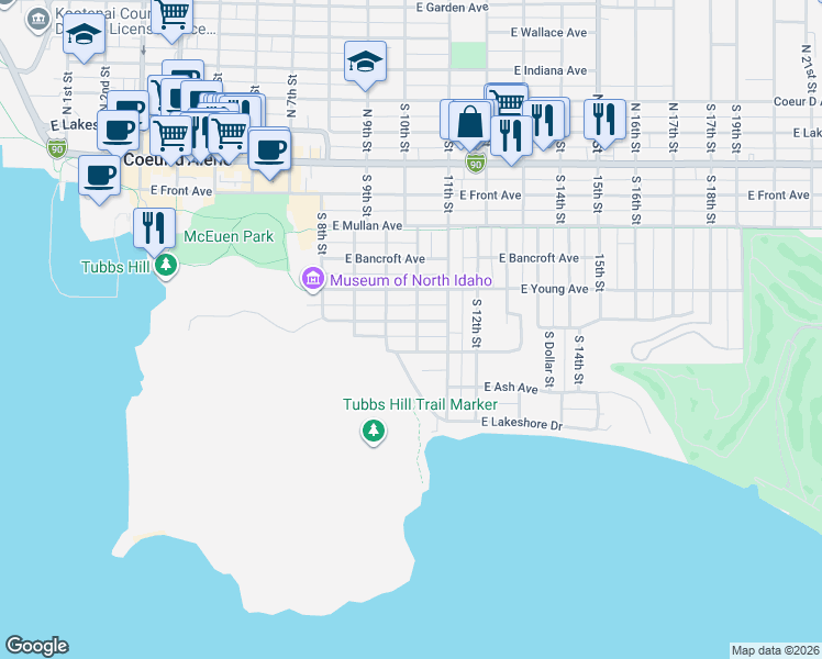 map of restaurants, bars, coffee shops, grocery stores, and more near 615 South 10th Place in Coeur d'Alene
