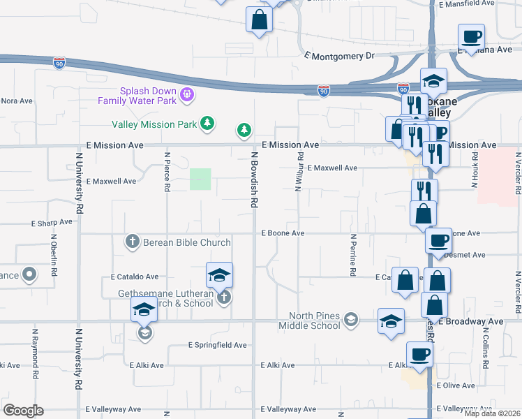 map of restaurants, bars, coffee shops, grocery stores, and more near 1302 North Bowdish Road in Spokane Valley