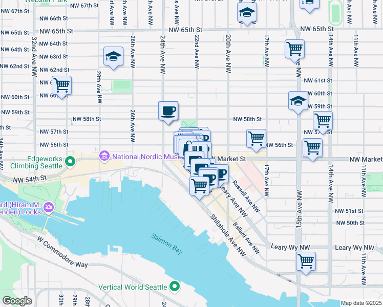 map of restaurants, bars, coffee shops, grocery stores, and more near 2201 Northwest Market Street in Seattle