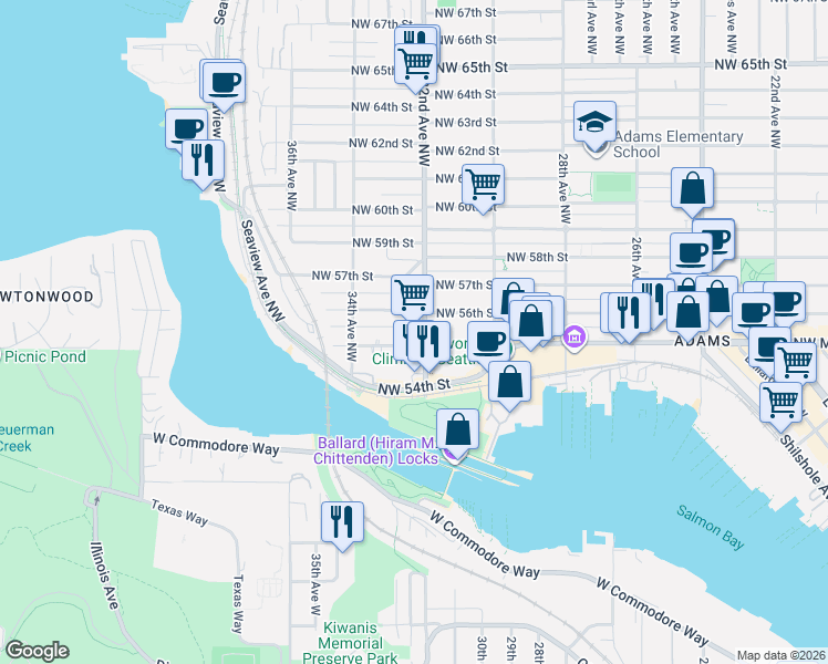 map of restaurants, bars, coffee shops, grocery stores, and more near 5511 32nd Avenue Northwest in Seattle