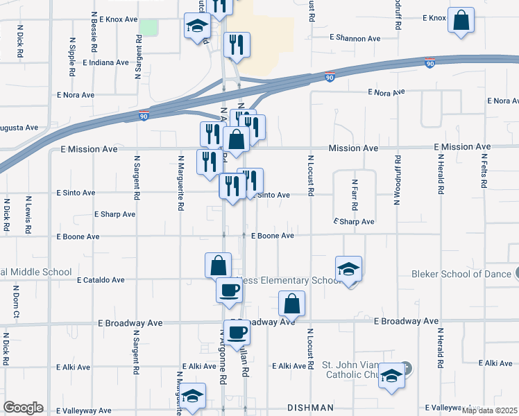 map of restaurants, bars, coffee shops, grocery stores, and more near 1310 North Stout Road in Spokane Valley