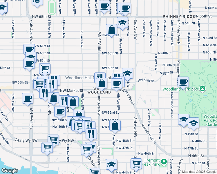 map of restaurants, bars, coffee shops, grocery stores, and more near in Seattle