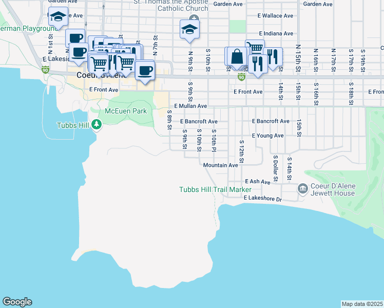 map of restaurants, bars, coffee shops, grocery stores, and more near 613 South 10th Street in Coeur d'Alene