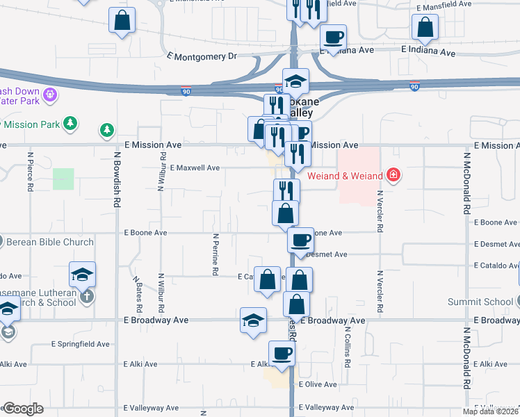 map of restaurants, bars, coffee shops, grocery stores, and more near 12117 East Boone Avenue in Spokane Valley