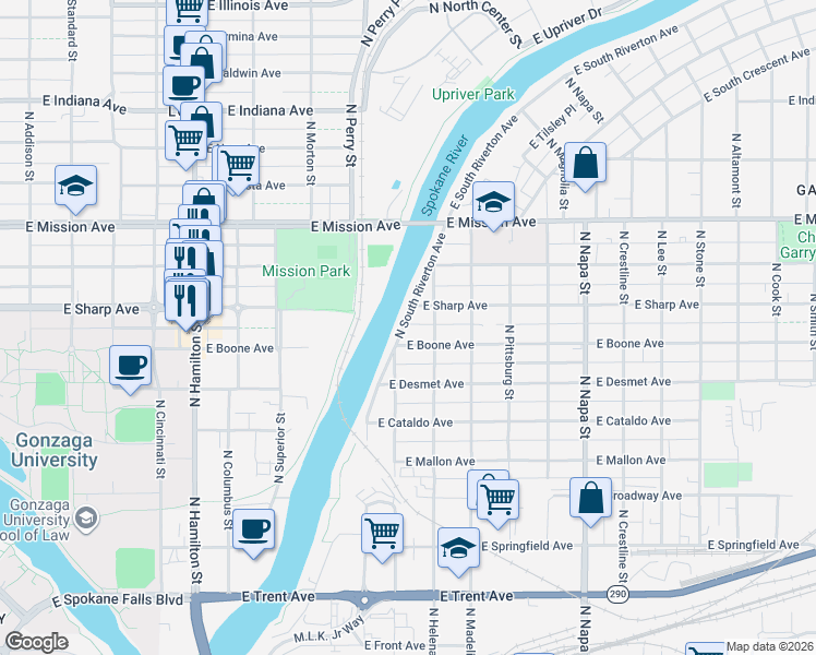 map of restaurants, bars, coffee shops, grocery stores, and more near 1502 East Boone Avenue in Spokane
