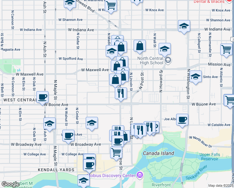 map of restaurants, bars, coffee shops, grocery stores, and more near 1016 West Boone Avenue in Spokane