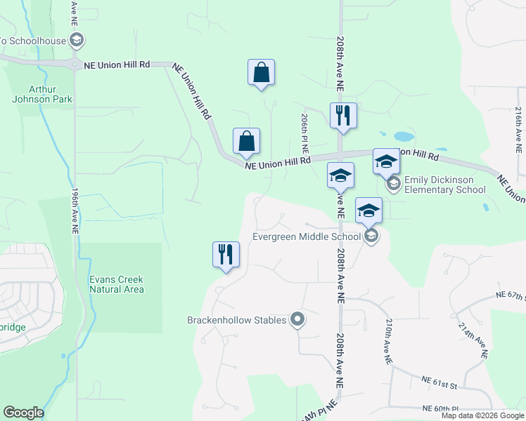 map of restaurants, bars, coffee shops, grocery stores, and more near 7112 204th Drive Northeast in Redmond