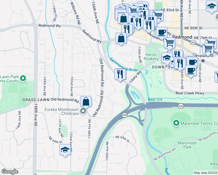 map of restaurants, bars, coffee shops, grocery stores, and more near 7064 155th Place Northeast in Redmond
