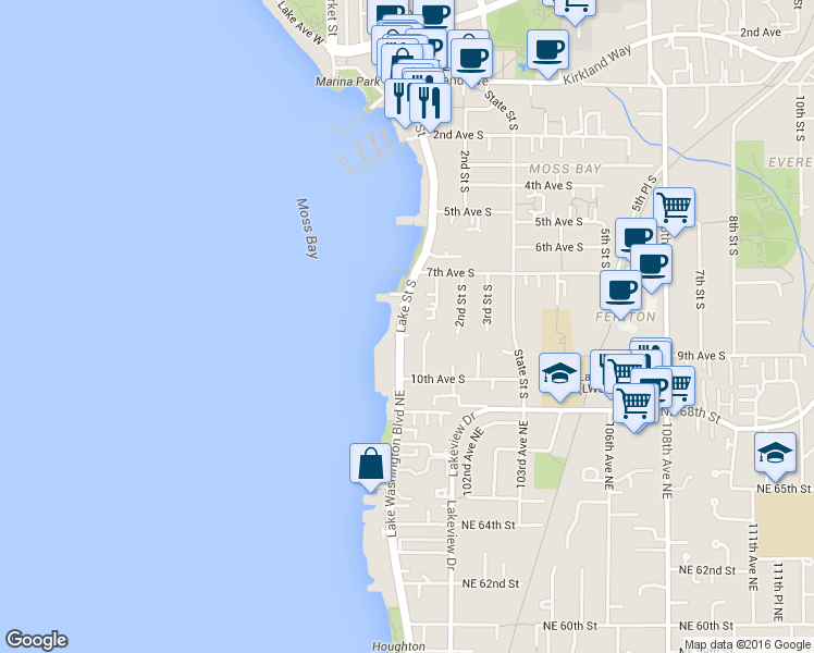 map of restaurants, bars, coffee shops, grocery stores, and more near 832 Lake Street South in Kirkland