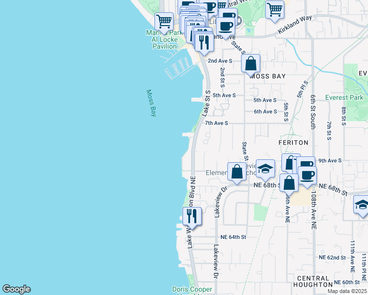 map of restaurants, bars, coffee shops, grocery stores, and more near 905 Lake Street South in Kirkland