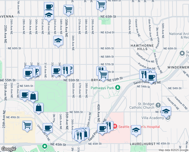 map of restaurants, bars, coffee shops, grocery stores, and more near 5257 39th Avenue Northeast in Seattle