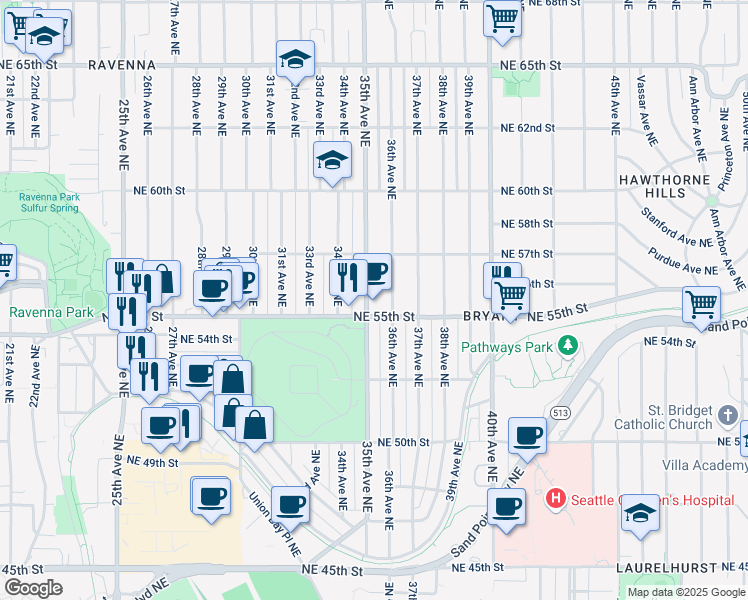 map of restaurants, bars, coffee shops, grocery stores, and more near 3451 Northeast 55th Street in Seattle