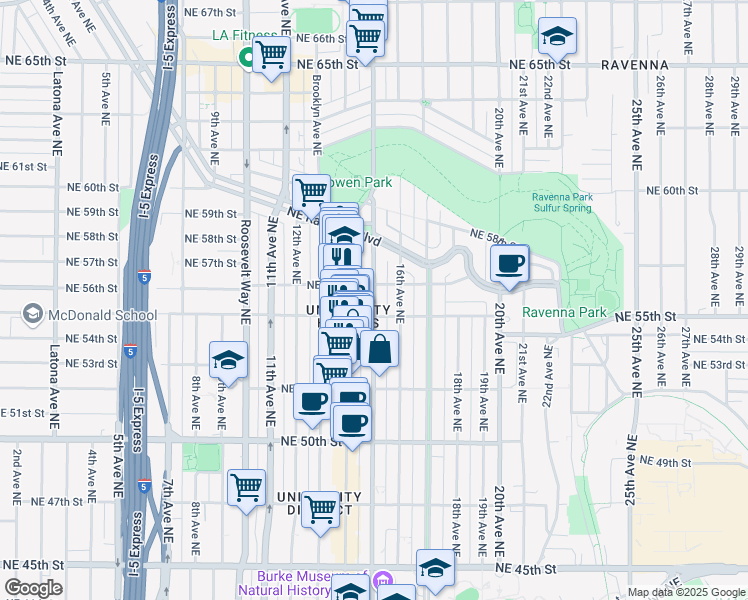 map of restaurants, bars, coffee shops, grocery stores, and more near 1505 Northeast 55th Street in Seattle