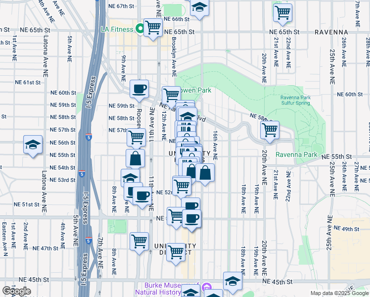 map of restaurants, bars, coffee shops, grocery stores, and more near 5240 University Way Northeast in Seattle