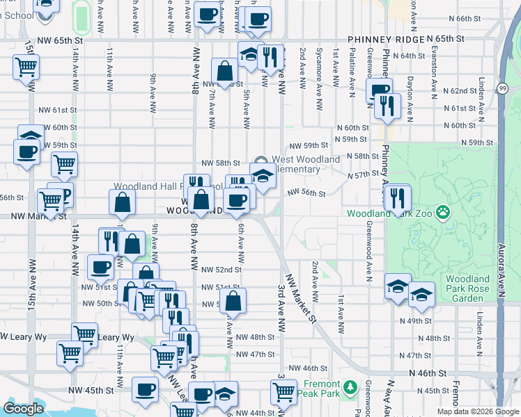 map of restaurants, bars, coffee shops, grocery stores, and more near in Seattle
