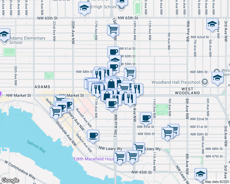 map of restaurants, bars, coffee shops, grocery stores, and more near in Seattle