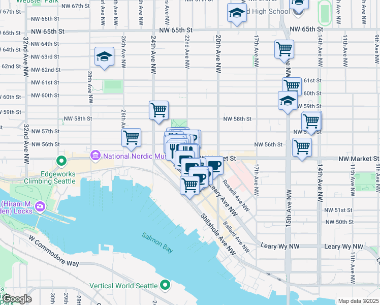 map of restaurants, bars, coffee shops, grocery stores, and more near 2201 Northwest Market Street in Seattle