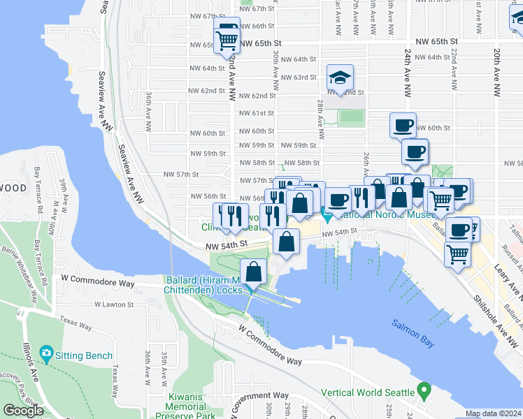 map of restaurants, bars, coffee shops, grocery stores, and more near 3037 Northwest Market Street in Seattle